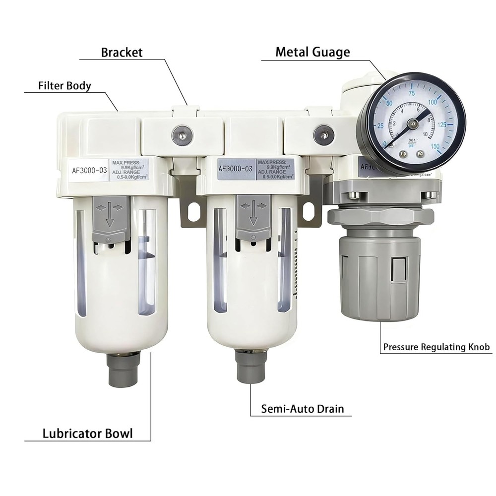 3/8" NPT Compressed Air Filter Regulator Lubricator Combo-Double,Semi-Auto Drain