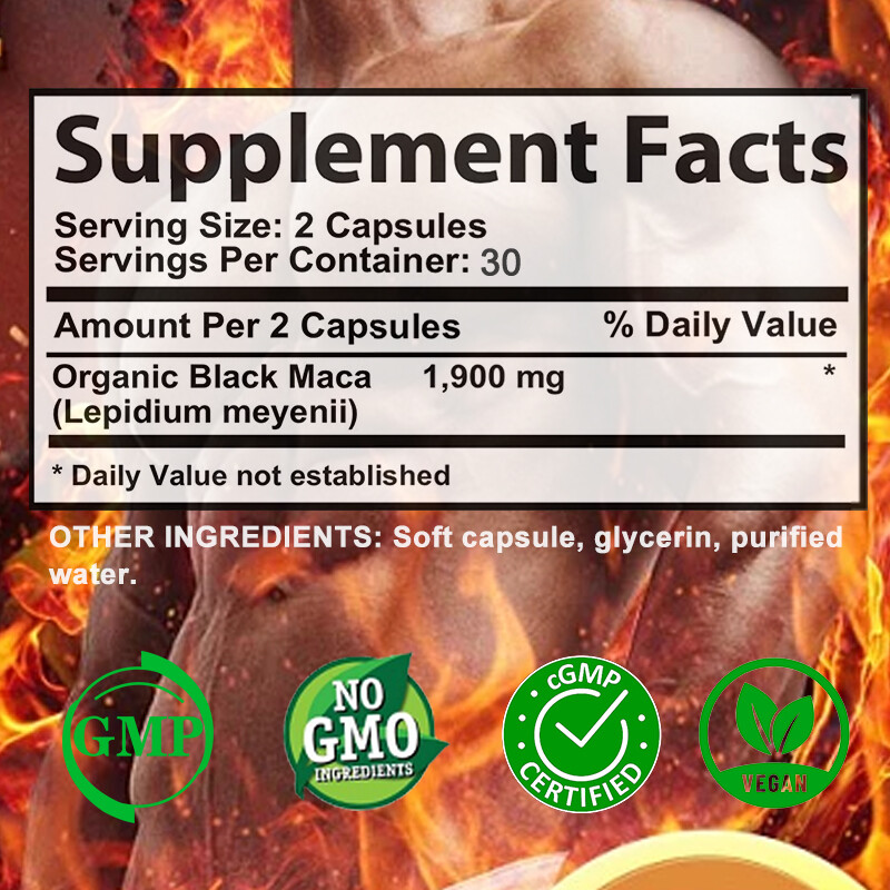 Male sexual function regulation | Organic Black Maca Capsules | 60 Capsules