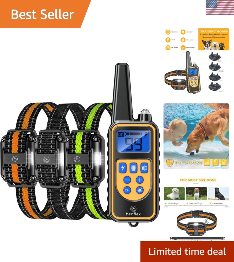 Rechargeable Remote Dog Training Collar with LED Light & Vibration - 3 Collars