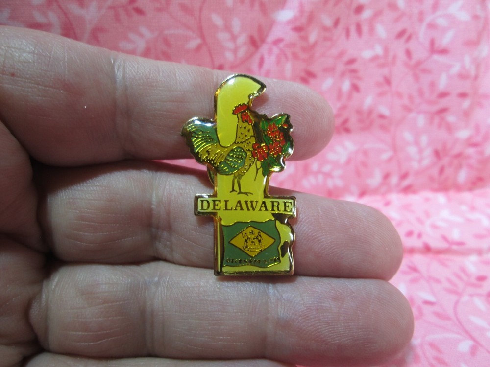Delaware Souvenir Lapel Hat Pin - State Flag Rooster Flower - State-Shaped - 4E