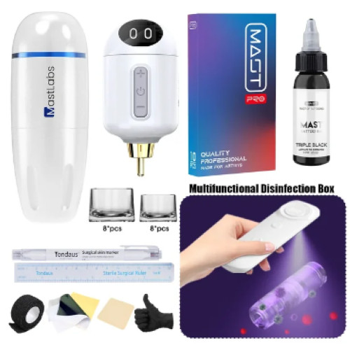 Complete Mastlabs Wireless Pen Tattoo Machine Kit Battery Sterilization Box Need