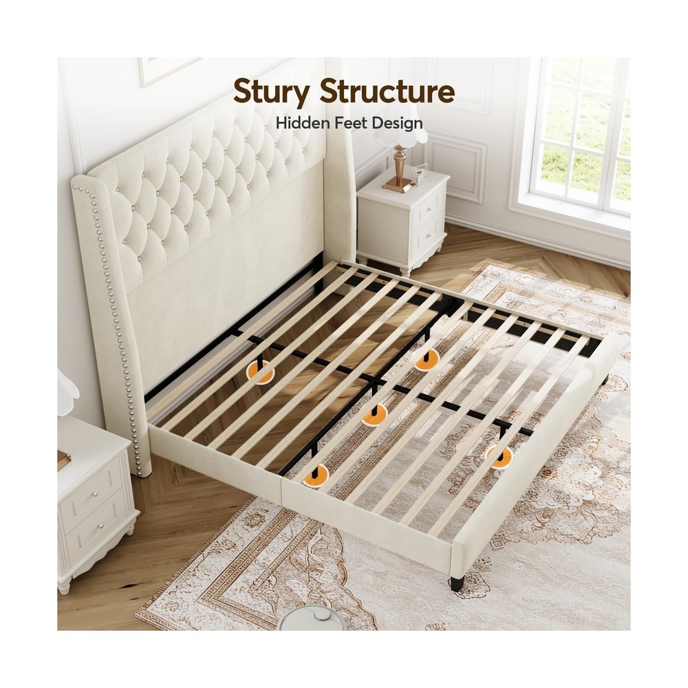 Queen Bed Frame with 55" Tall Headboard, Upholstered Bed Frames, Soft Fabric,...