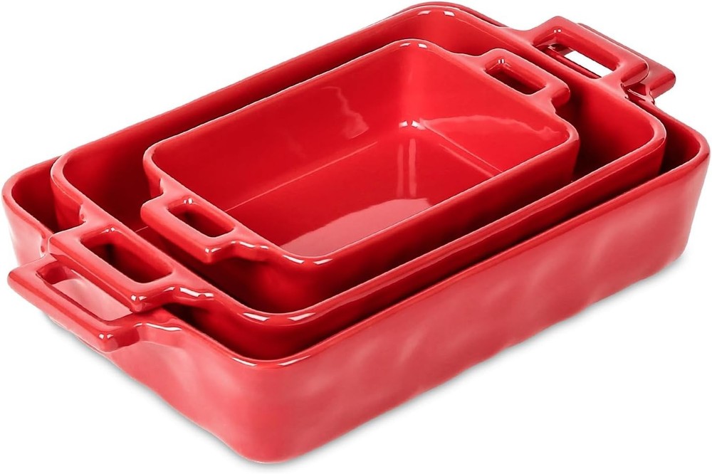 Red Ceramic Baking Pans Set 3pc Rectangular Lasagna Casserole Dish