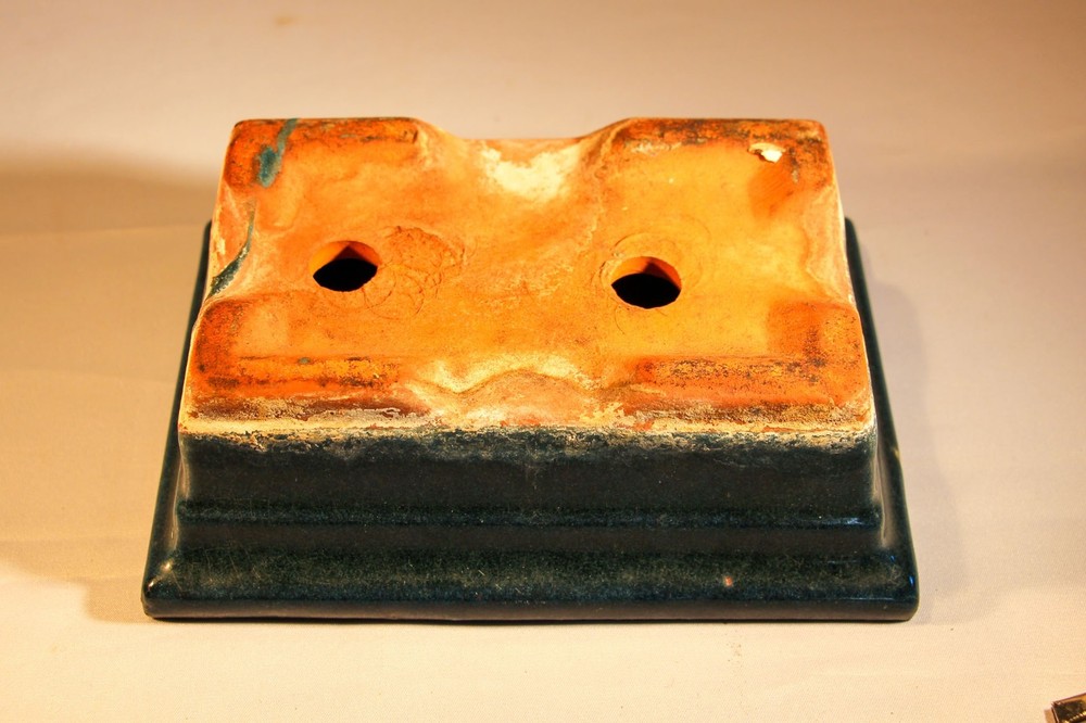 Blue green glazed terracotta shallow rectangular bonsai planter 7 x 5
