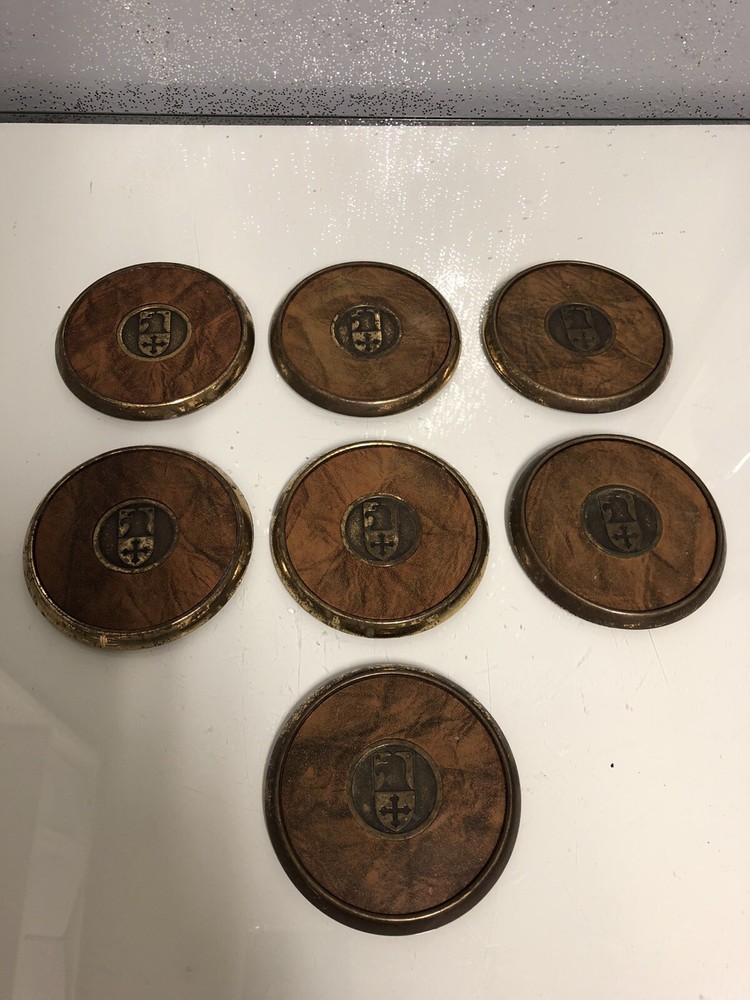 Vintage BTS Solid Brass and Leather 7 pc Coaster Set Eagle Knights logo Mancave