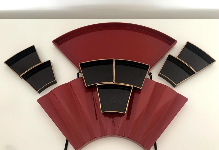 Japanese Lacquer Ware Fan-Shaped Box with Compartments