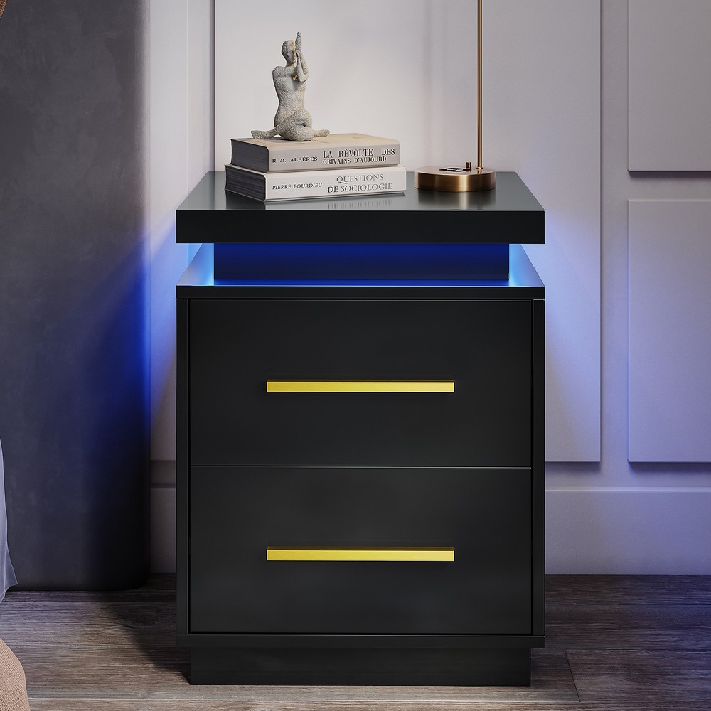1/ 2 PCs End Table, Nightstand with RF Remote-Controlled LED Lights, Drawers