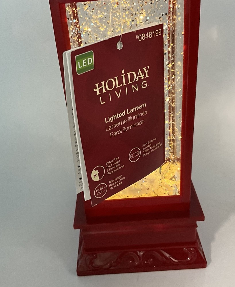 11” Red Lighted Glitter Snow Covered Mountain Tree Lantern Swirling Action W/Tag