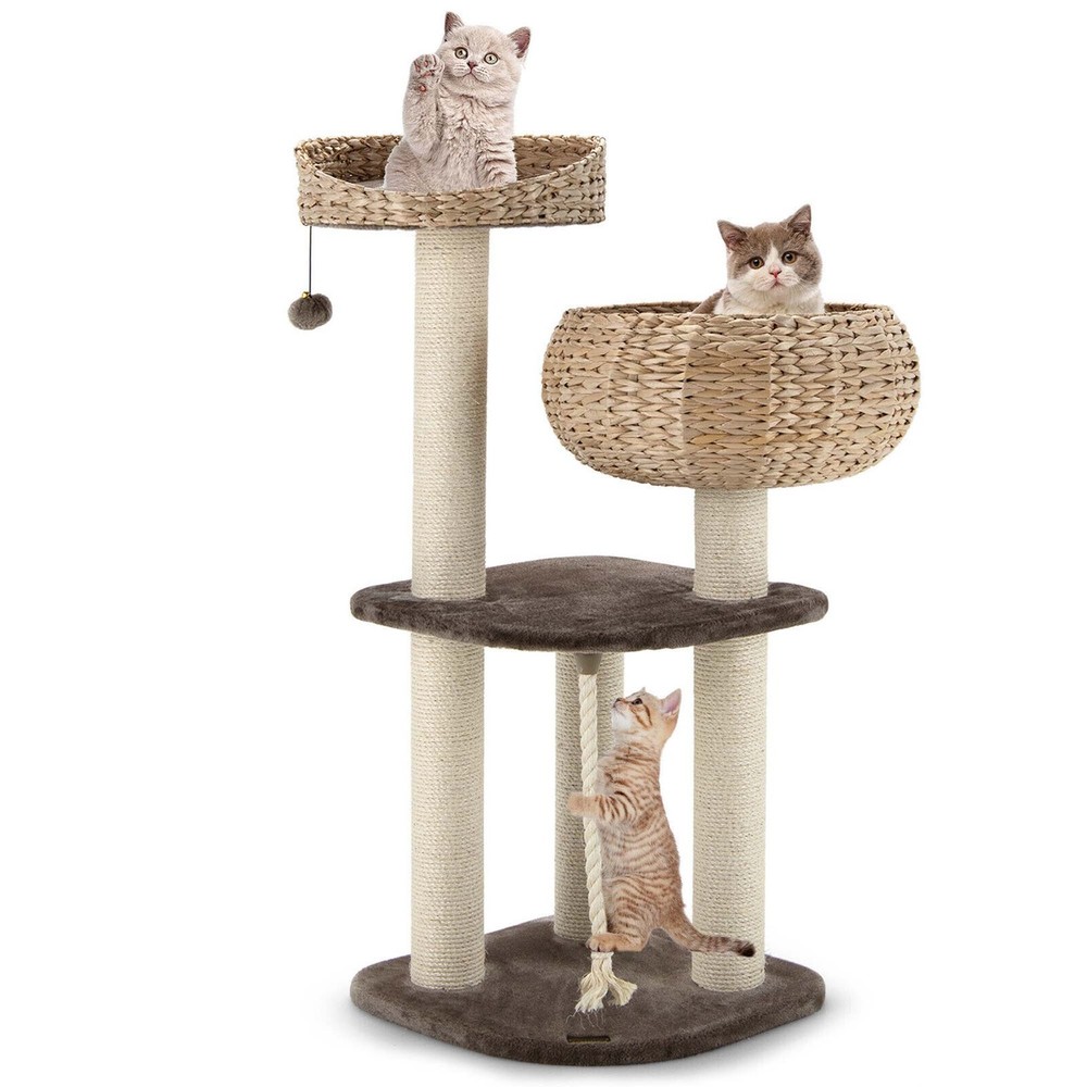 41" Hand-Made Cat Tree Tower Natural Bowl Shaped w/ 2 Perch
