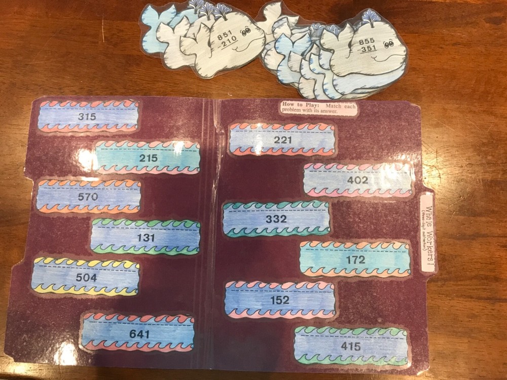 Whale Workers! 3digit subtraction Grade 2nd math file folder game teacher
