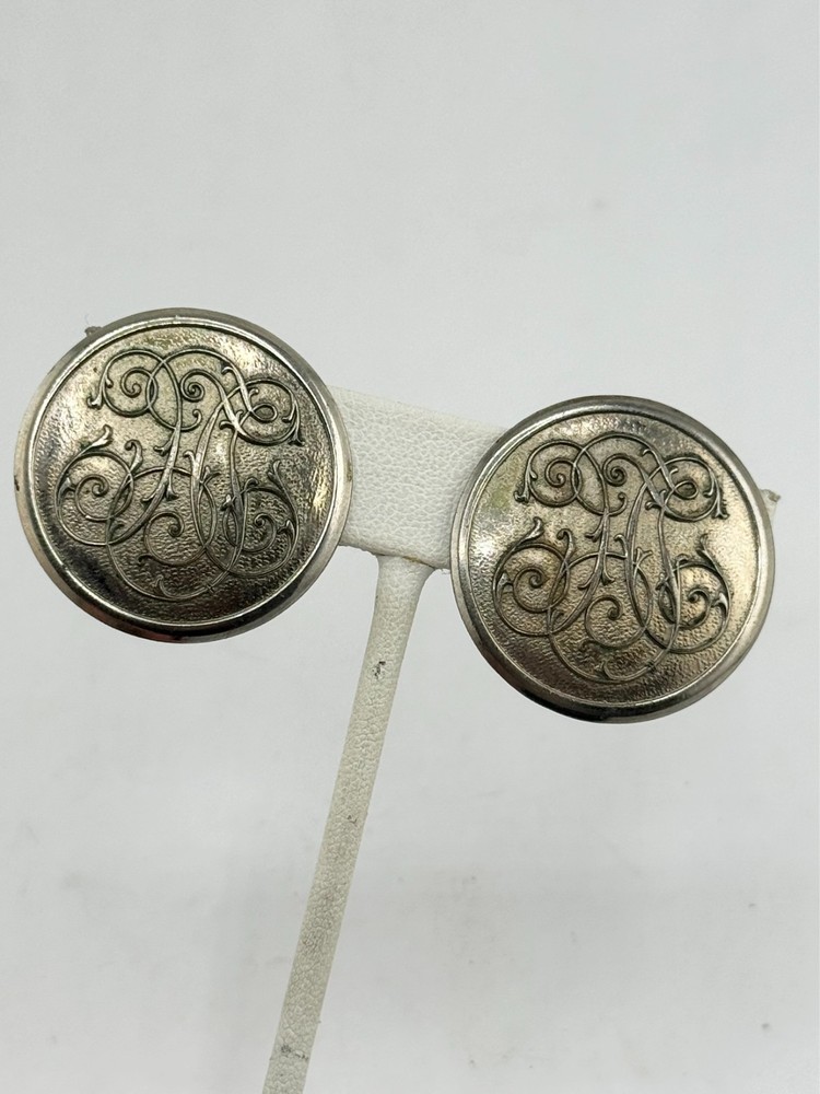 Vintage monogram design circle clip on earrings