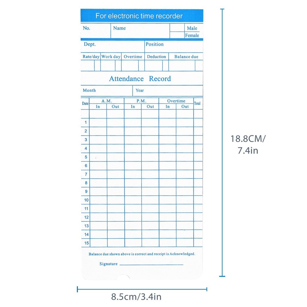 Time Cards, Monthly Timesheet, Clock Timecard, 6 Column 2-Sided Card - 100pcs