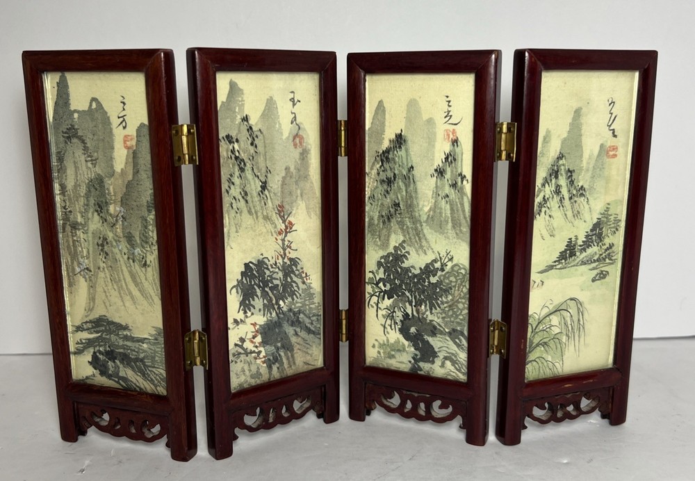 Oriental Style 4-Panel Double Sided Tabletop Folding Screen w/ Glass Panels