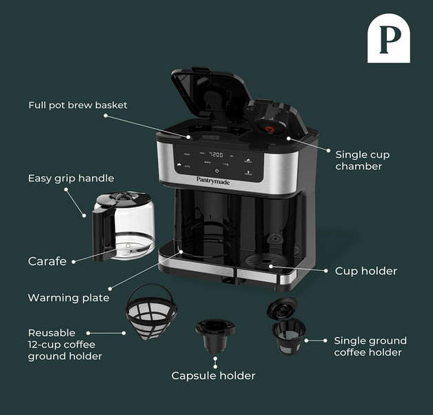 Pantrymade Dual Brew Coffee Maker Glass Carafe 12-Cup Touchscreen Programmable