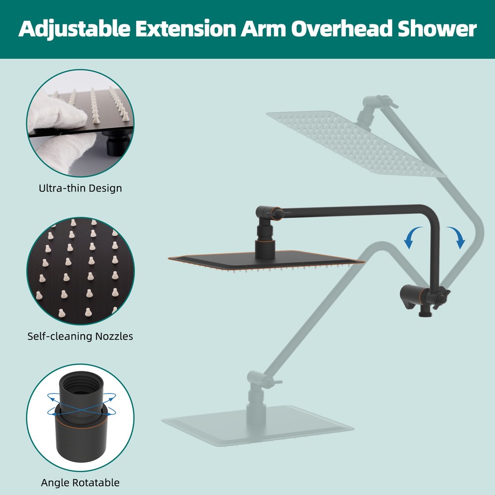10” Rain Square Shower Head with Handheld Spray Combo High Pressure Adjustable