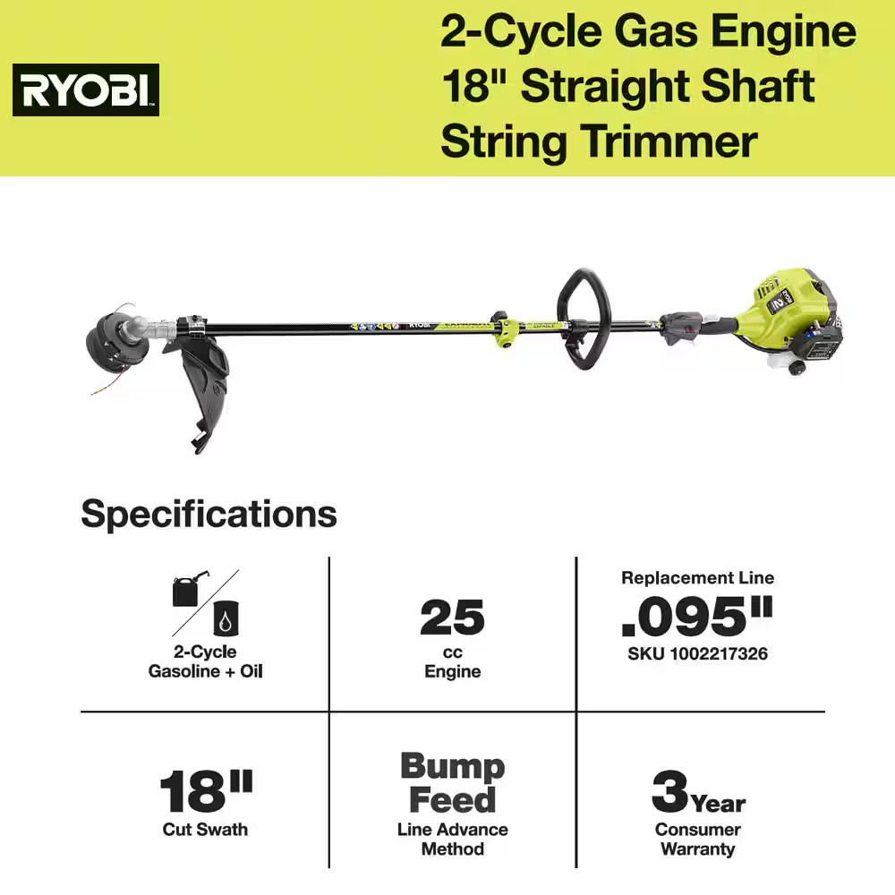 25 Cc 2-Stroke Attachment Capable Full Crank Straight Gas Shaft String Trimmer