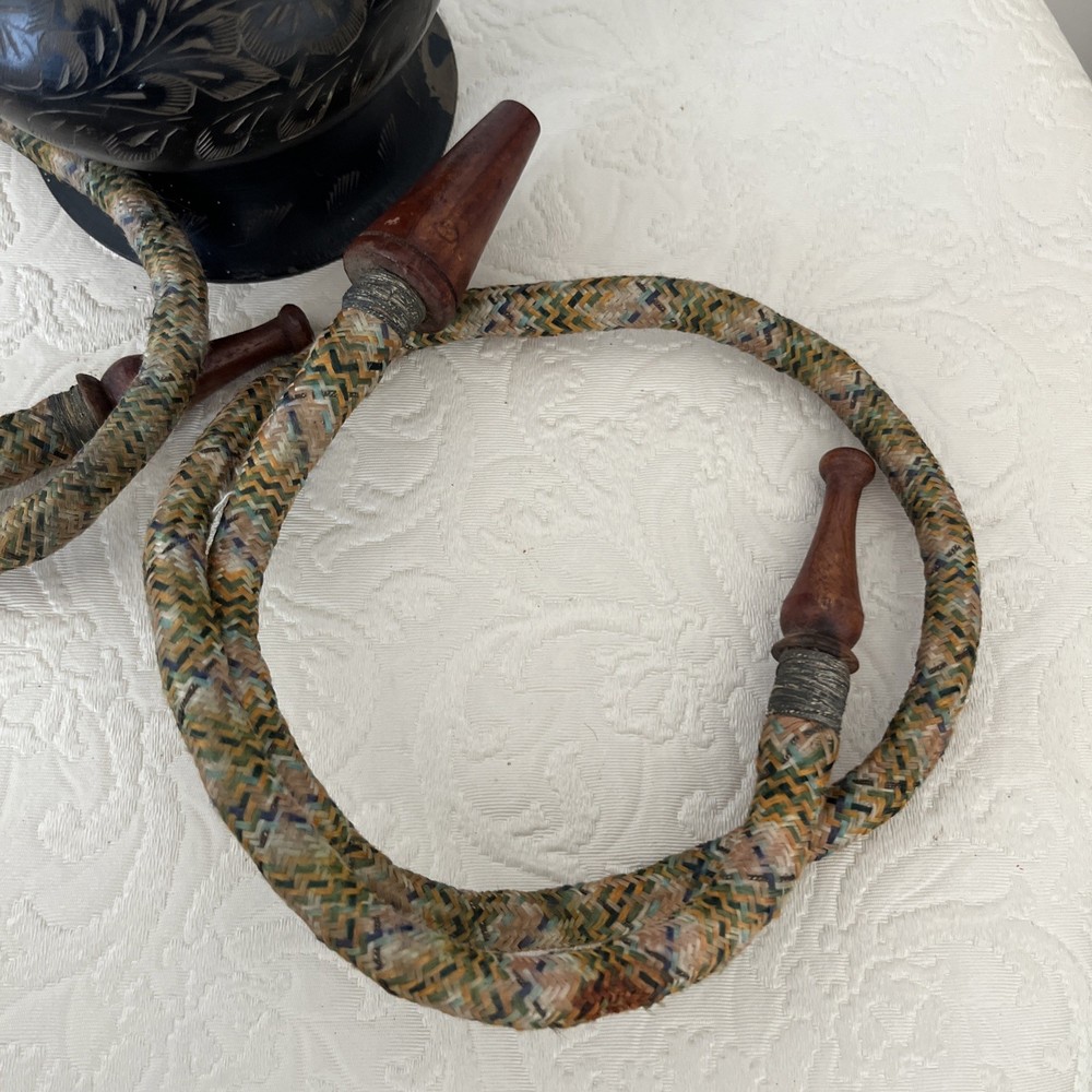 Hookah Double Pipe Ornate Etching Brass & Wood 18 “ Tall Vintage