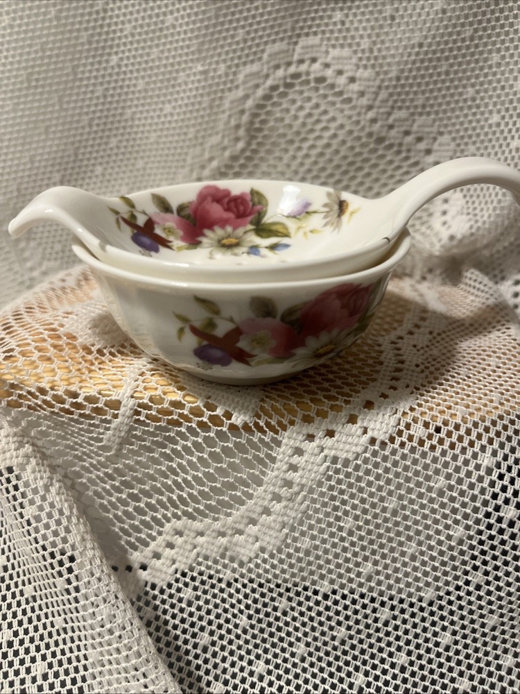 Vtg Allyn Nelson Fine Bone China Rose Pattern Tea Strainer & Drip Bowl Set