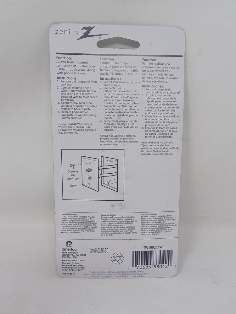 1 Zenith Universal Phone Jack, and Coaxial Combo Wall Plate White