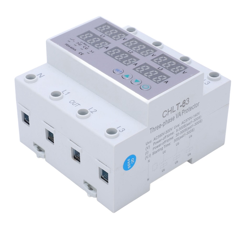 3 Phase DIN Rail Voltmeter Ammeter Auto Overvoltage Overcurrent Protector AC 63A