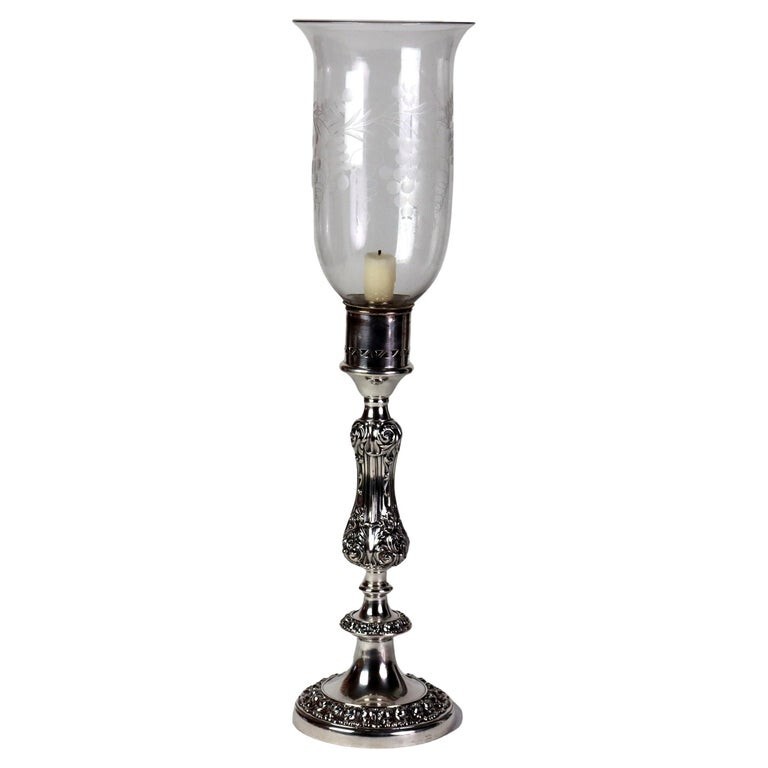 Embossed Silver Plate Candlestick with Grape & Leaf Etched Shade C1890