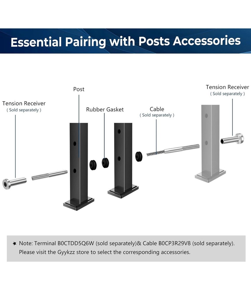 36" Cable Railing Post, Fixed Top Level Drilled Line Post with Cable