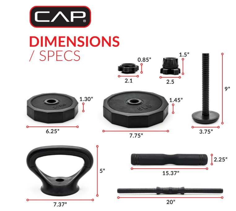 CAP 66lb Multi-Purpose Weight Set Adjustable Dumbbell, Barbell, & Kettle, Black