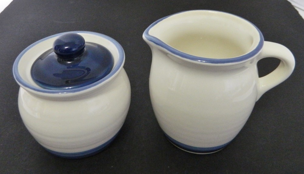 Denim Pattern Pfaltzgraff Covered Sugar and Creamer Blue Bands USA