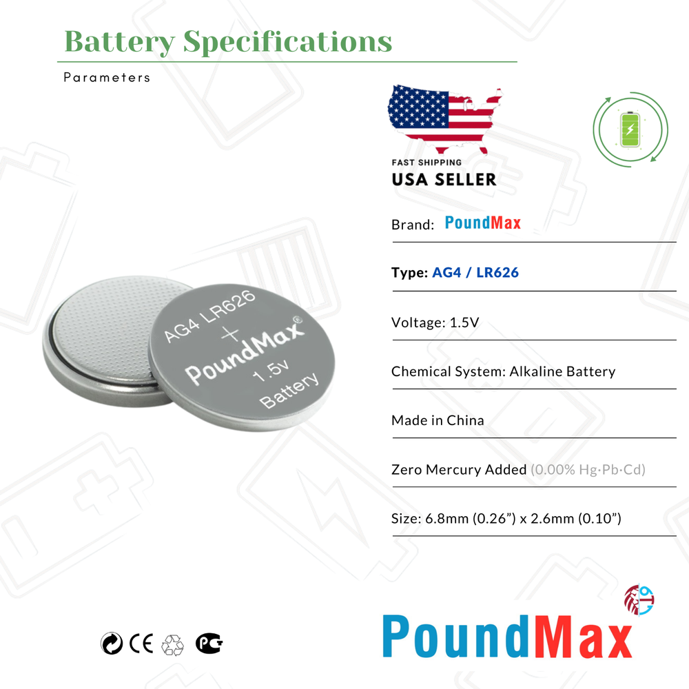 PoundMax AG4 LR626 Batteries 1.5v Alkaline Button Cell Battery - 20 Count