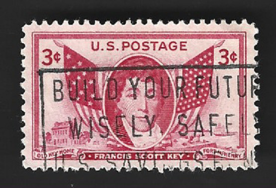 Sc#962 3c Francis S. Key with "SAVINGS BONDS" slogan cancel (A-9) 2 missing perf