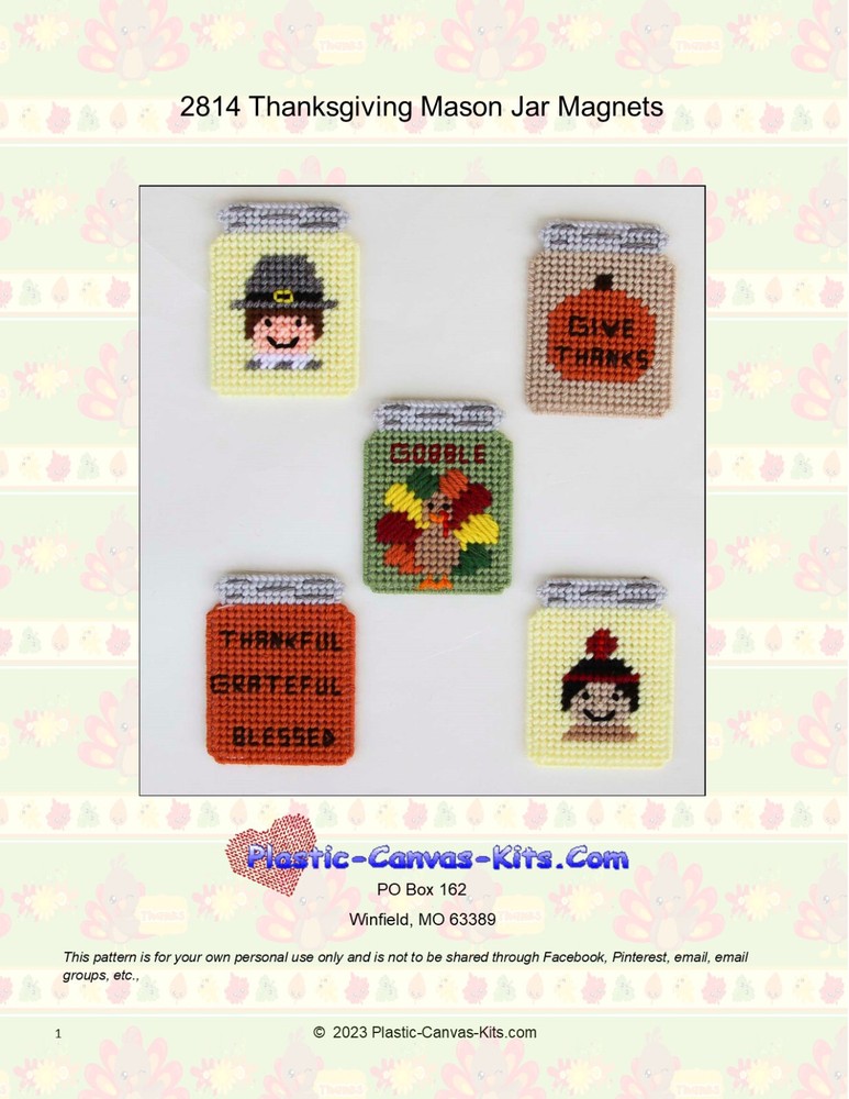 Thanksgiving Mason Jar Magnets-Plastic Canvas Pattern or Kit