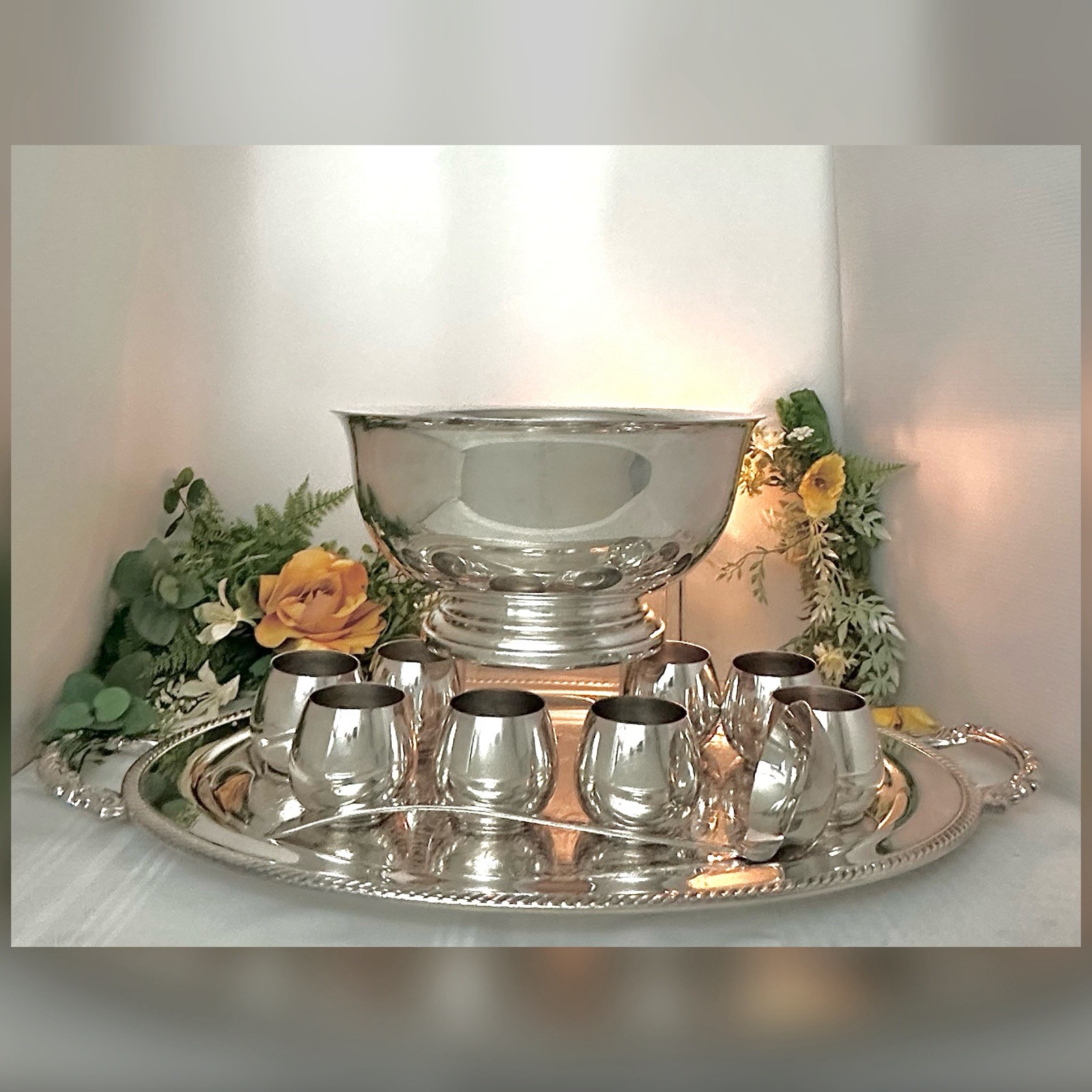 Punch Bowl Silver Plated Set Tray, Cups, Bowl, Ladle Vintage Drinkware - 14 pc