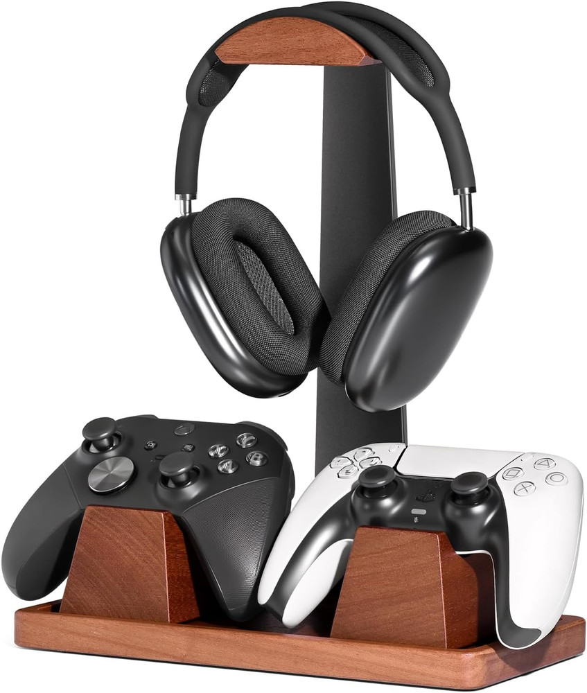 Headset Stand with 2 Controller Holders - Solid Wood & Metal Gaming Headphone Ho