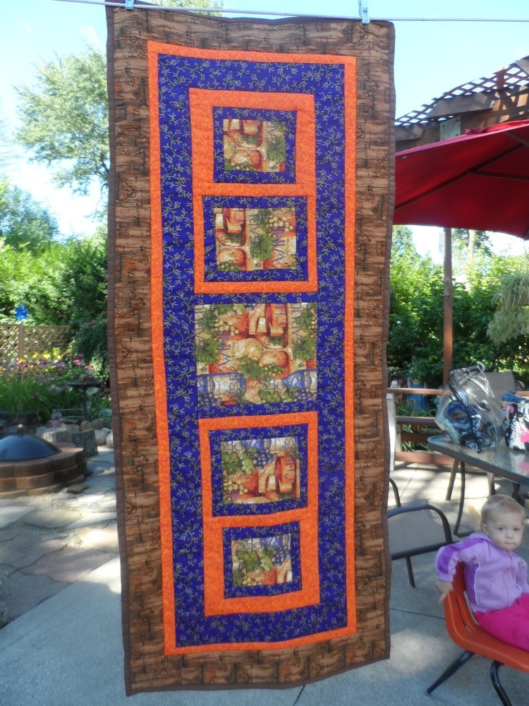 table runner wine barrel cheese vine bottle glasses decor handmade quilted