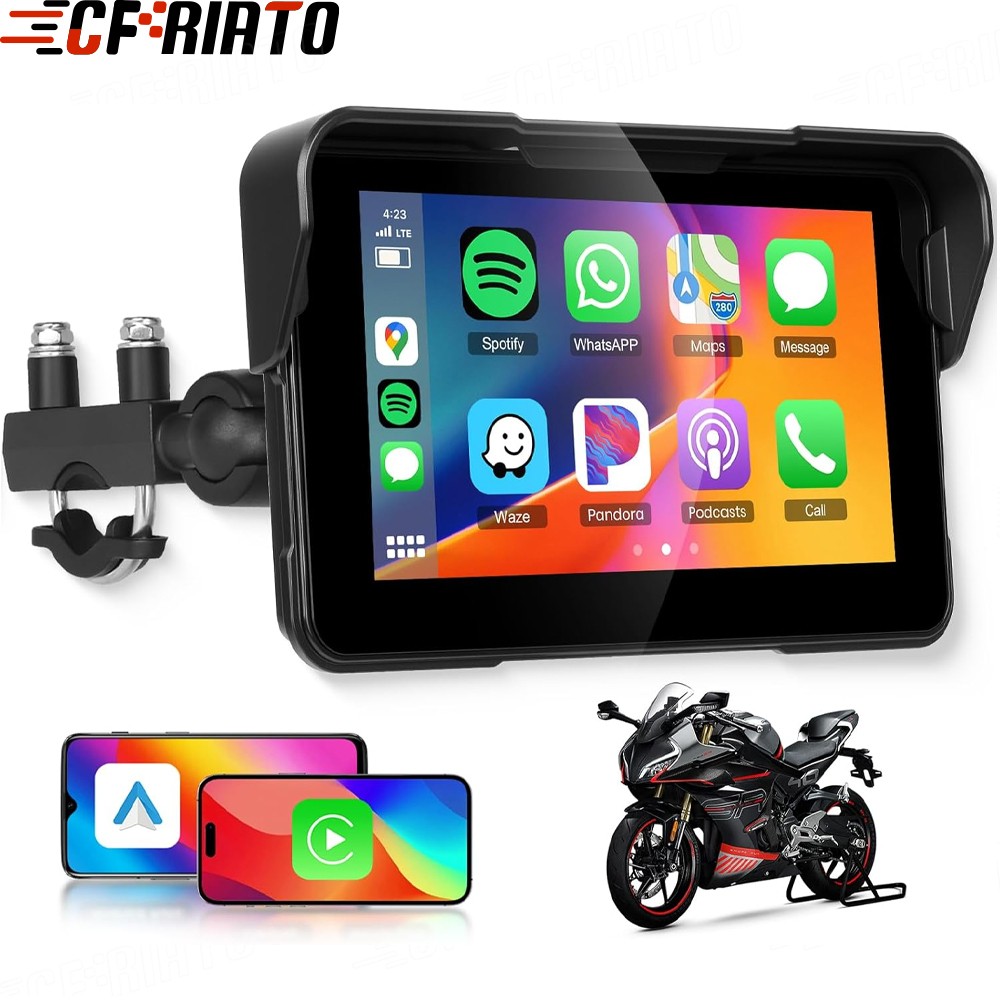5" Waterproof Motorcycle Navigator Portable Wireless CarPlay Android Auto Screen
