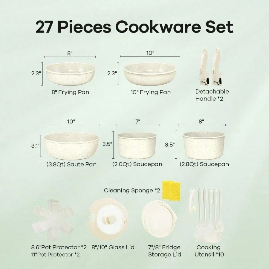 27pcs Ceramic Nonstick Cookware Set Removable Handles Induction Oven&Dishwasher