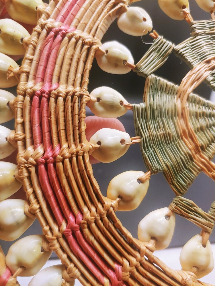 Handwoven seagrass and shell breadbasket, 12", 1970s style,