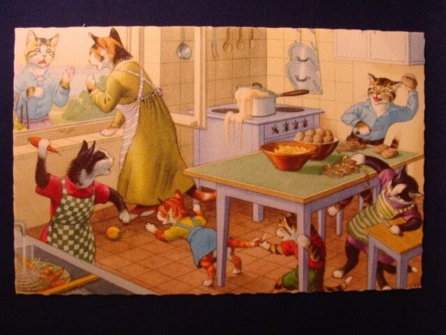 "Cats Talking at the Window" Alfred Mainzer postcard