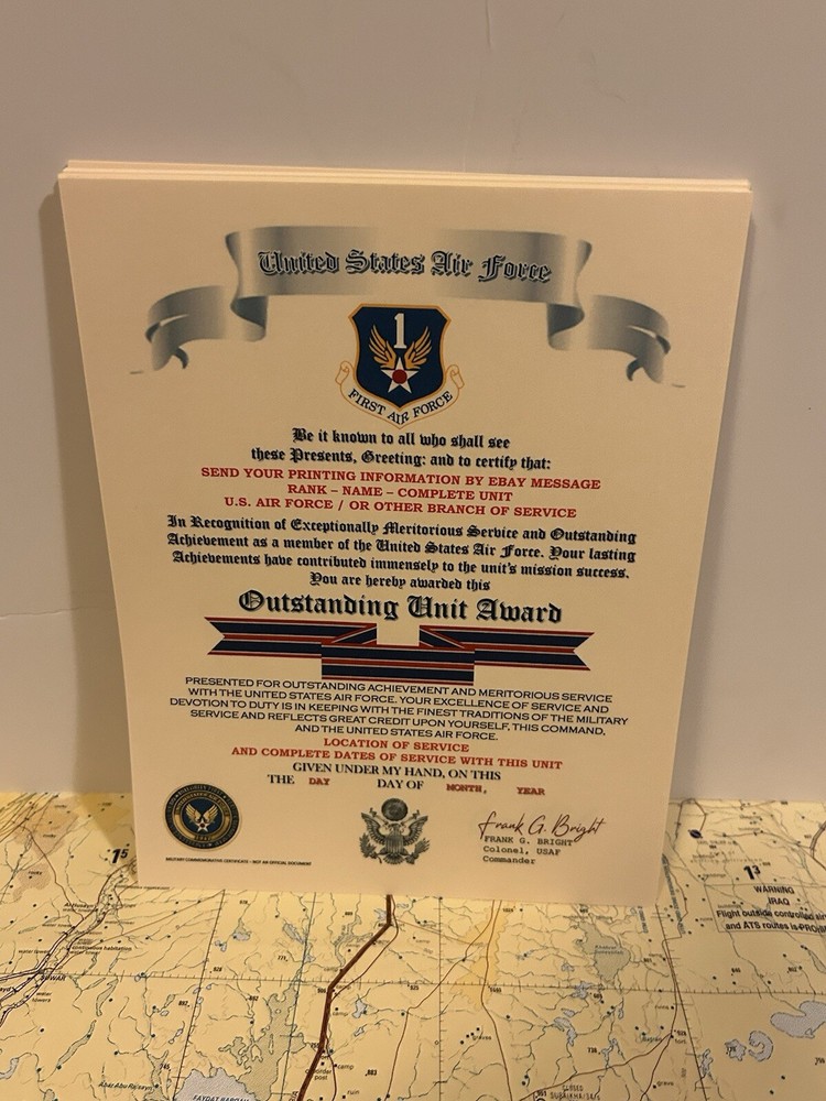 U.S. AIR FORCE / FIRST AIR FORCE - OUTSTANDING UNIT AWARD CERTIFICATE