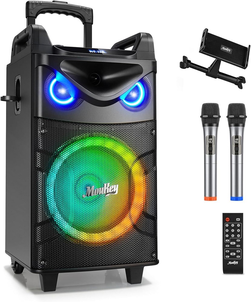 Moukey Portable Party Speaker Bluetooth Singing Machine With 2Pcs Wireless Mics