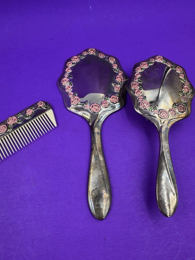 VTG - Studio Silversmiths 3 Piece Vanity Set-The Rose Collection Silver Plated