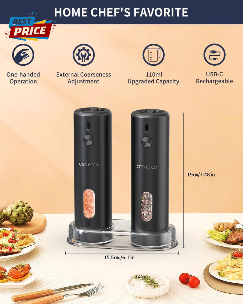 Rechargeable Electric Salt and Pepper Grinder Set with Base, Automatic Pepper Mi