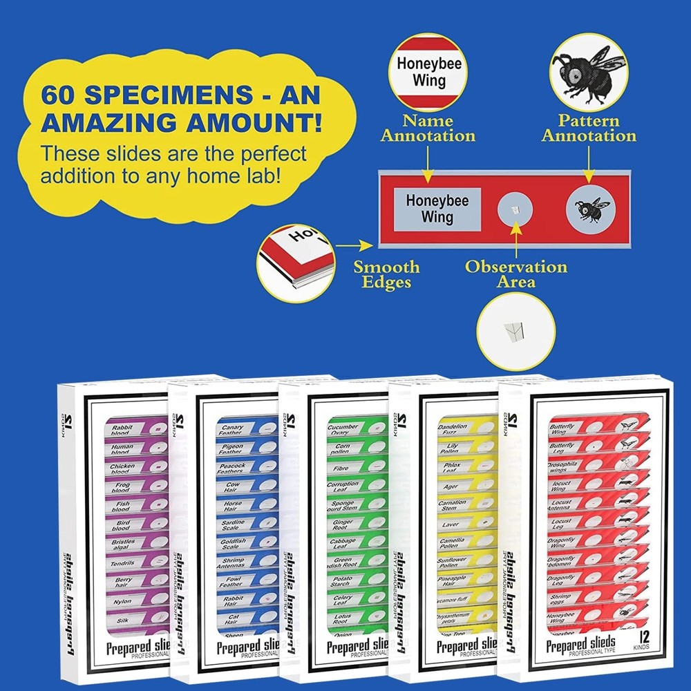 60Pcs Prepared Microscope Slides Set - Educational Specimens for Kids & Students