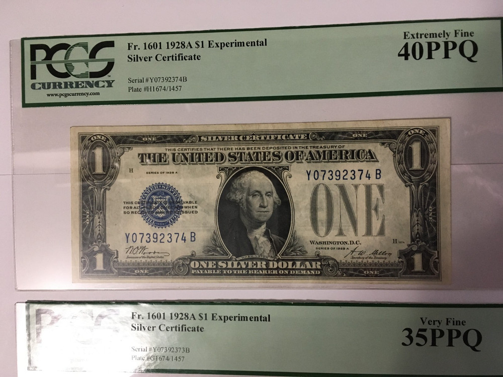 2 Sequential EXPERIMENTALS 1928 A $1 Blue Seal U S Note Fr 1601 PCGS