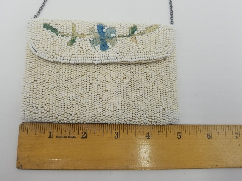 Vintage Micro Beaded Embroidered Flower w/Chain Strap Lined Inside Small Purse