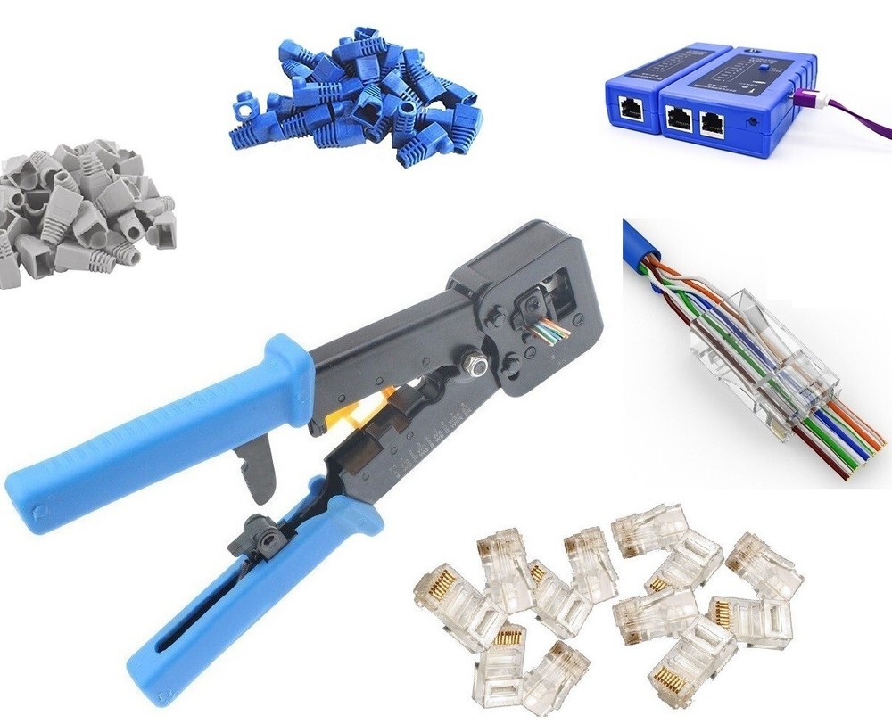 Pass-Through Crimper 50 PCS Connector plug Boots Network Cable Tool Kits Tester