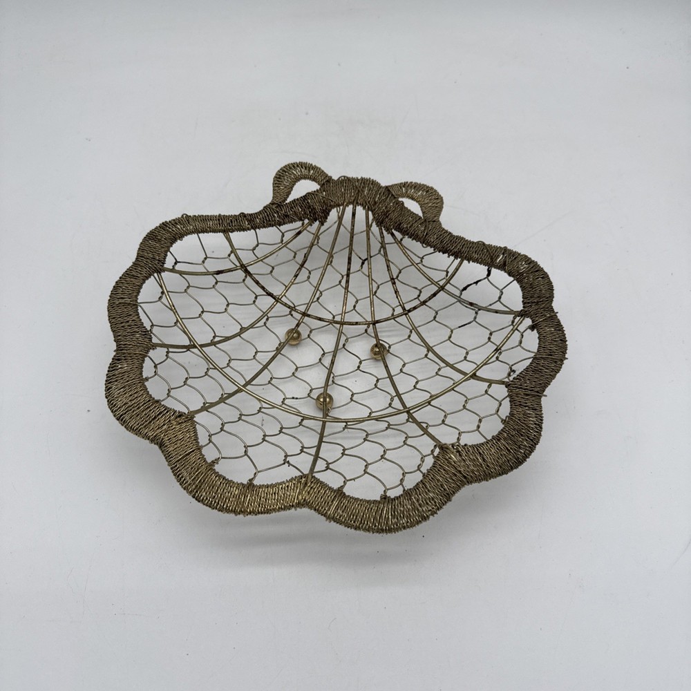 Unique Woven Wire Seashell Basket Bowl Gold Colored 10"x9"
