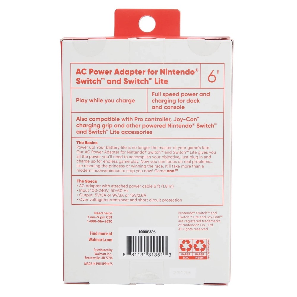 Onn AC Power Adapter for Nintendo Switch & Switch Lite 6ft Cable – New Open Box