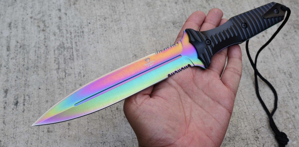 13” Fixed Blade Knife Rainbow Spear Double Edge Full Tang Sharp Spear Point