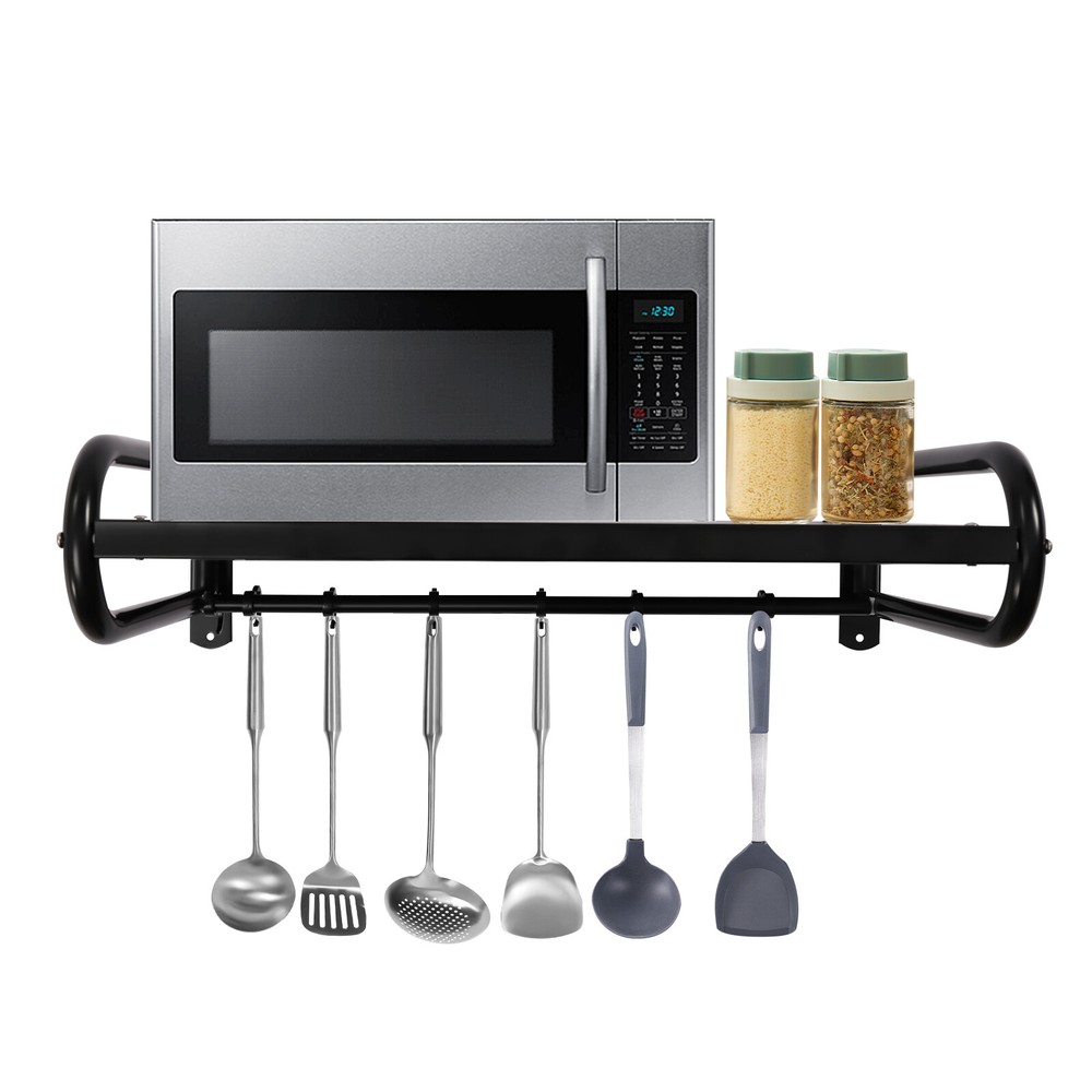 Kitchen Pan Pot Rack Wall Mounted Hanging Storage Organizer Shelf With 6 Hooks